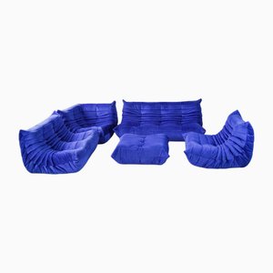Set da salotto Togo blu velluto di Michel Ducaroy per Ligne Roset, 1979, set di 5