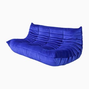 Togo Three-Seat Sofa in Blue Velvet by Michel Ducaroy for Ligne Roset