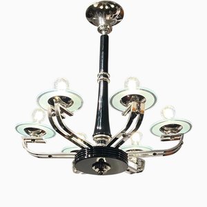 Art Deco Chandelier in Black Lacquer and Glass, 1930