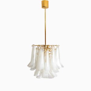 Murano White Clear Glass and Brass Hanging Light, 1970s
