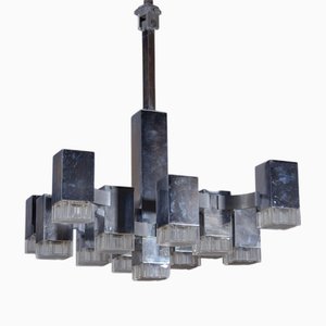 13 Lights Cubic Chrome Chandelier attributed to Gaetano Sciolari, Italy, 1968