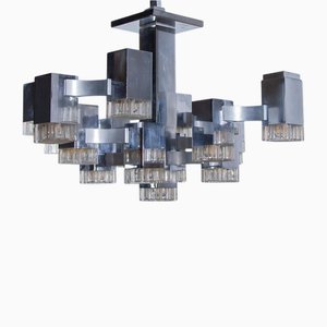 Large Chrome Cubic Chandelier with 17 Lights attributed to Gaetano Sciolari, Italy, 1968