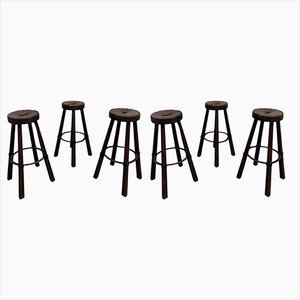 Spanische Vintage Leder Barhocker, 1970er, 6er Set