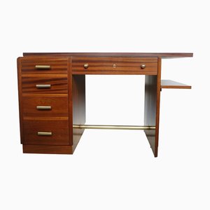 Art Deco Desk in Walnut with Original Brass Handles & Stretcher, 1930s