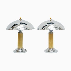 Art Deco Dome Table Lamps in Chrome with Yellow Bakelite Stem, Set of 2