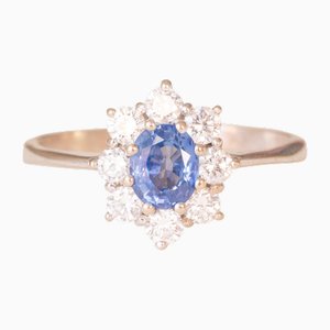 Vintage 18 Karat Weißgold Gänseblümchenring mit Saphir und Diamanten im Brillantschliff, 1990er