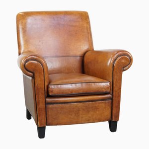 Large Vintage Cognac-Colored Sheep Leather Armchair with Black Piping