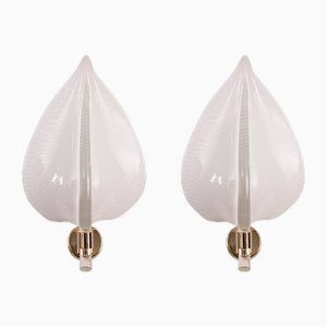 Wall Lamps in White Murano Glass, Blown Glass with Golden Decorations, Italy, 1990s, Set of 2