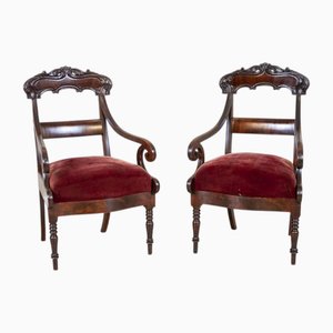 Set of Empire Mahogany Armchairs in Red Upholstery, 19th Century
