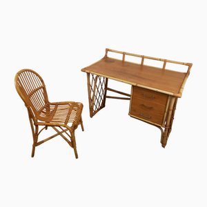 Rattan Desk and Chair, 1950s, Set of 2