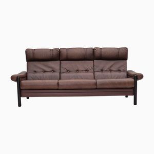 Vintage Danish Three-Seater Sofa in Leather and Dark Oak, 1970s