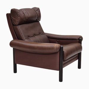 Vintage Danish Lounge Chair in Leather and Dark Oak, 1970s