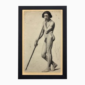 Henry Arthur Roberts after Drölling, Pre-Second Republic French Academy Life Study of a Male Nude Carrying a Staff, 1800s, Charcoal & Pencil on Paper