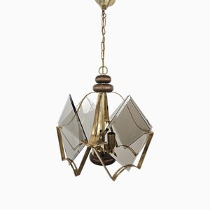 Wood and Brass Pendant with Smoked Glass Lampshades, 1970s