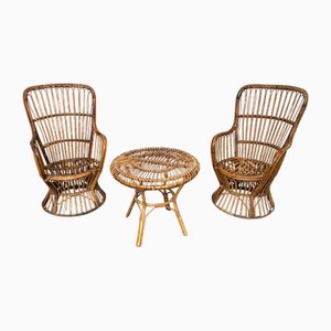 Garden Armchairs and Table in Rattan attributed to Luigi Caccia Dominioni, 1960s, Set of 3