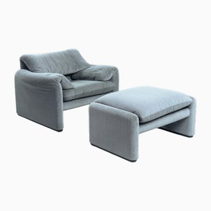 Set of Maralunga Armchair and Ottoman in Grey Striped by Vico Magistretti for Cassina, Italy, 1980s