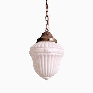Lampada a sospensione Art Déco in vetro pressato opalino bianco, anni '20-'30
