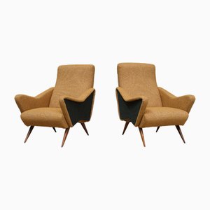 Set of Turin School Armchairs in Walnut and Ochre & Navy Bouclé, Italy, 1950s