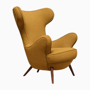 Wingback Chair in Yellow Ochre Fabric and Walnut by Paolo Malchiodi, Italy, 1940s