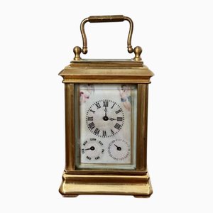 Horloge de Carrosse Miniature Antique en Laiton avec Panneaux en Porcelaine Peints à la Main, 1880