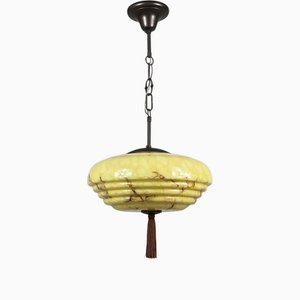 Art Deco Marbled Cream Opaline and Bronze Pendant with Tassel, Germany, 1920s
