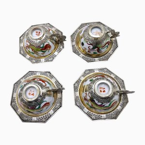Tasses Antiques avec Cadre en Argent et Soucoupes en Porcelaine, Chine, Set de 8