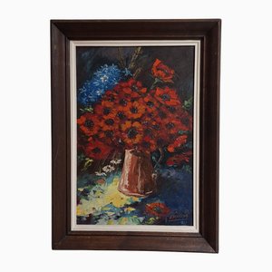 Leon Cilissen, Floral Still Life with Poppies and Delphiniums, 1959, Oil Painting on Canvas, Framed