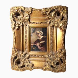 Spinnende Frau, 1950er, Öl auf Kupfer, Gerahmt