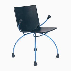 Sedia vintage in pelle nera in metallo blu di Pierre Mazairac & Karel Boonzaaijer, anni '80