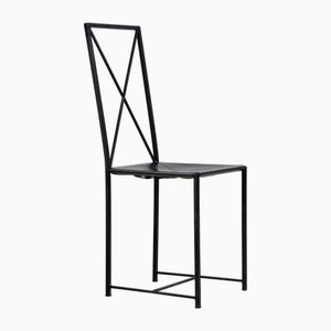 Sedia da pranzo postmoderna in pelle nera a forma di X, Italia, anni '80