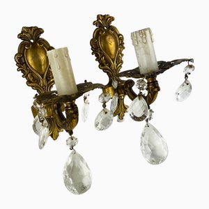Antique Brass and Crystal Sconces, Set of 2