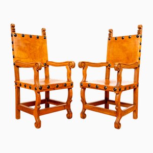 Beschlagene Thronsessel aus hellbraunem Leder, 1980, 2er Set
