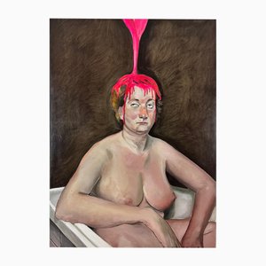 Inés Silvalde, Figurative Nackte Frau in Badewanne mit tropfender rosa Flüssigkeit auf dem Kopf, 2017, Öl auf Leinwand