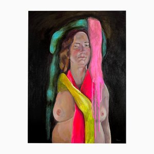 Inés Silvalde, Nude Female Portrait with Dripping Pink, Yellow, and Green Accents, 2024, Acrylic on Canvas