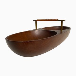 Große Teak Schale Modell 451 mit Messing & Ledergriff von Carl Auböck, Wien, Österreich, 1950er