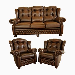 Chesterfield Livingroom Set in Brown Leather, Set of 3