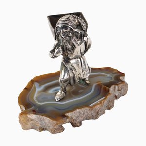 Gnome Miner in Silver on Agate Plate