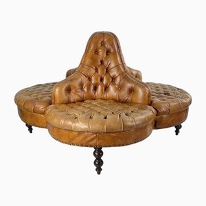 Vintage Tan Brown Leather Buttoned Conversation Sofa, 1970s