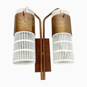 Minimalist Copper and Teak Tube Hole Pattern Wall Light, Denmark, 1970s