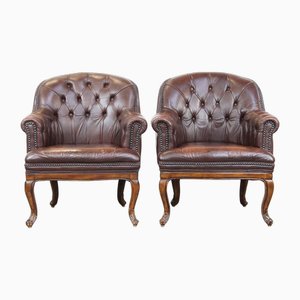 Set of English Leather Chesterfield Armchairs with Decorative Nails