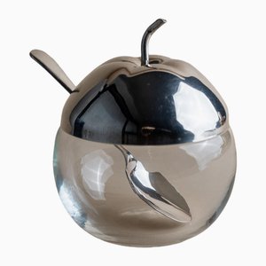 Vintage Glass Jar with Silver-Plated Apple-Shaped Lid and Spoon, England, 1950s, Set of 2