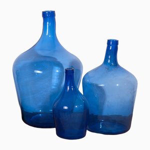 Blaue mundgeblasene Glasflaschen, 1920er, 3er Set