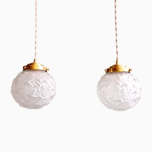 Art Deco Hängelampen aus transparentem Satinglas, 1930er, 2er Set