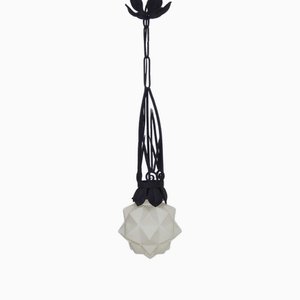 Art Deco Pendant in Wrought Iron and Star Globe in Glass Paste, 1930s