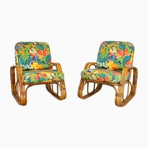 Set of Rattan Armchair and Tropical Fabric Table, 1970s