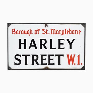 Londoner Straßenschild aus emailliertem Metall für Harley Street, 1930er