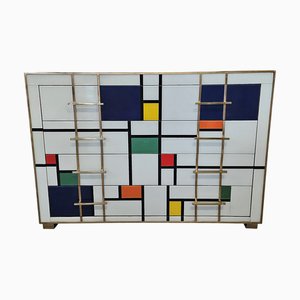 Comò Mondrian a quattro cassetti in vetro di Murano, anni '80