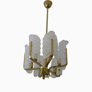 Acanthus Leaf Chandelier in Brass and Glass by Carl Fagerlund for Orrefors, 1960s
