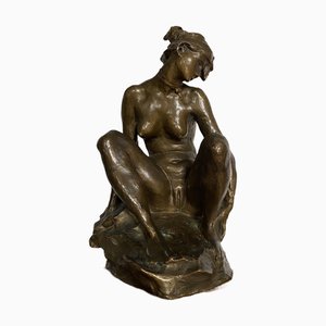 Nude Sculpture of Woman, 1950s, Bronze with Wooden Base