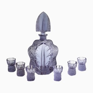 Art Deco Crystal Glass Carafe with 6 Glasses in the style of R. Lalique, 1930s, Set of 7